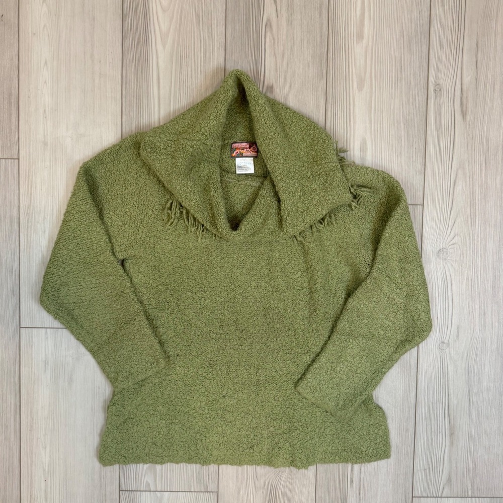 April Cornell Green Boucle Fringe Cowl Neck Sweater Wool‎ Blend Womens Medium